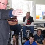 Bernie chats with students in Poultney