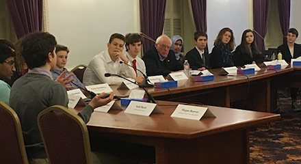 Students speaking with Senator Sanders