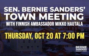 Graphic promoting Sen. Bernie Sanders' town meeting with the Finnish Ambassador Mikko Hautala