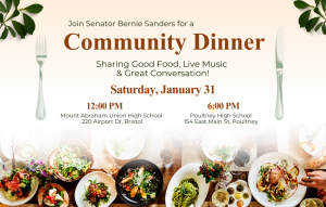 A graphic promoting Senator Sanders' community dinners on Saturday, January 31
