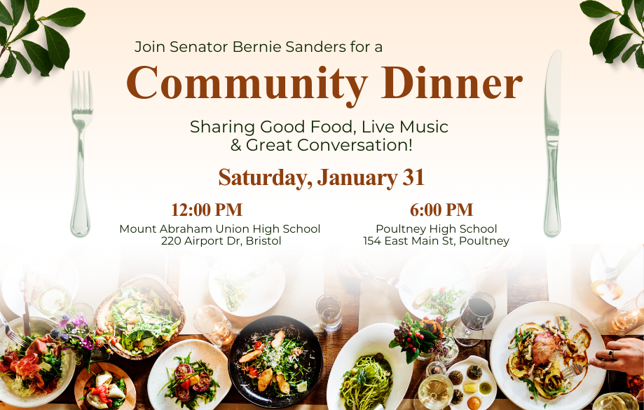 A graphic promoting Sen. Sanders' community dinners on Saturday, January 31