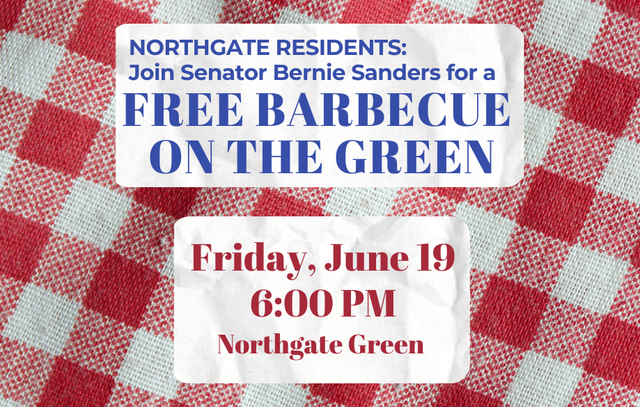 Flyer promoting Senator Bernie Sanders' barbecue for Northgate residents on June 19