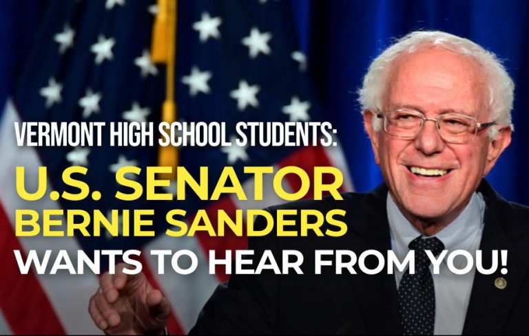 A graphic with a photo of Senator Sanders promoting the annual State of the Union Essay contest