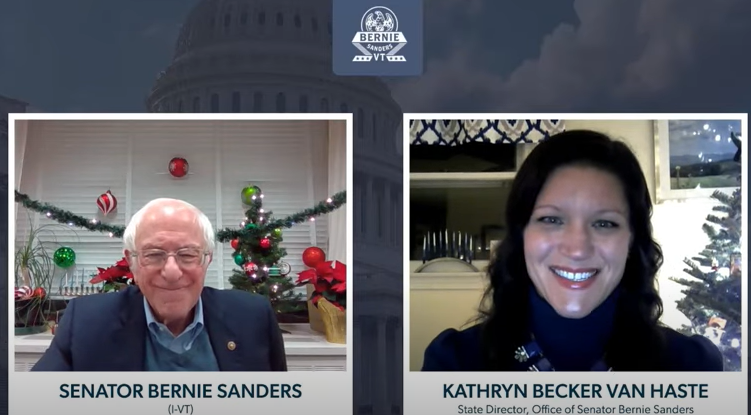 Image of Sen. Sanders and State Director, Kathryn Van Haste during the Virtual Seniors Town Hall in December 2020