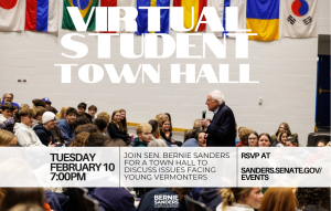 A graphic promoting Senator Sanders' Virtual Student Town Hall on February 10 at 7 PM.
