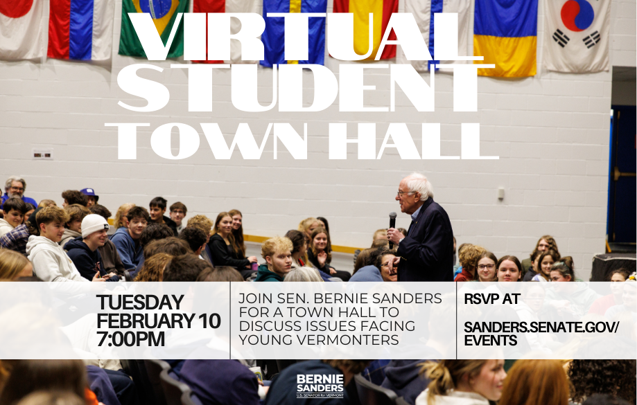 A graphic promoting Senator Sanders' Virtual Student Town Hall on February 10 at 7 PM.