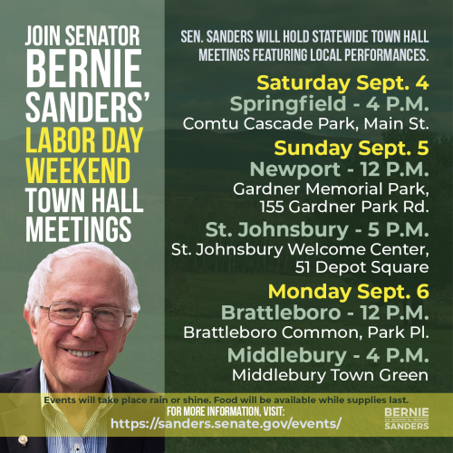 Sanders-Labor Day Events-Graphic Infographic with a photo of the Senator and a list of town meeting dates for Labor Day Weekend in Vermont