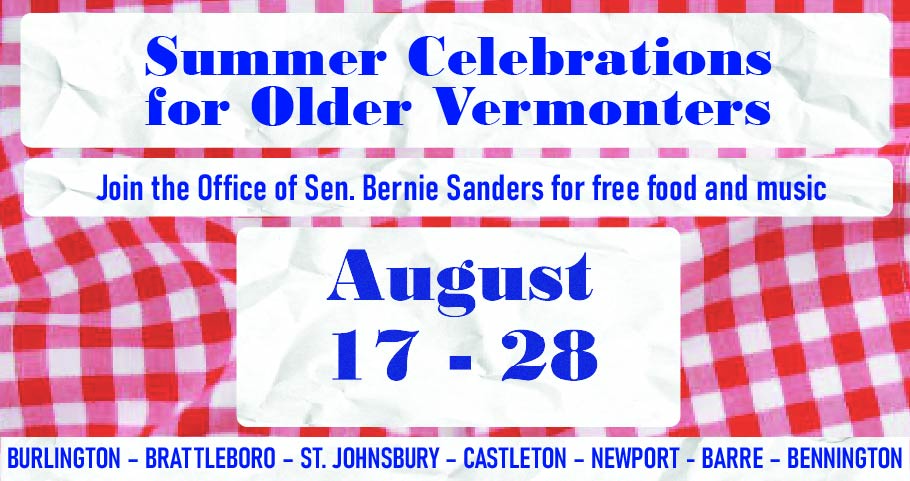 Graphic promoting Sen. Sanders' summer celebrations for Older Vermonters.